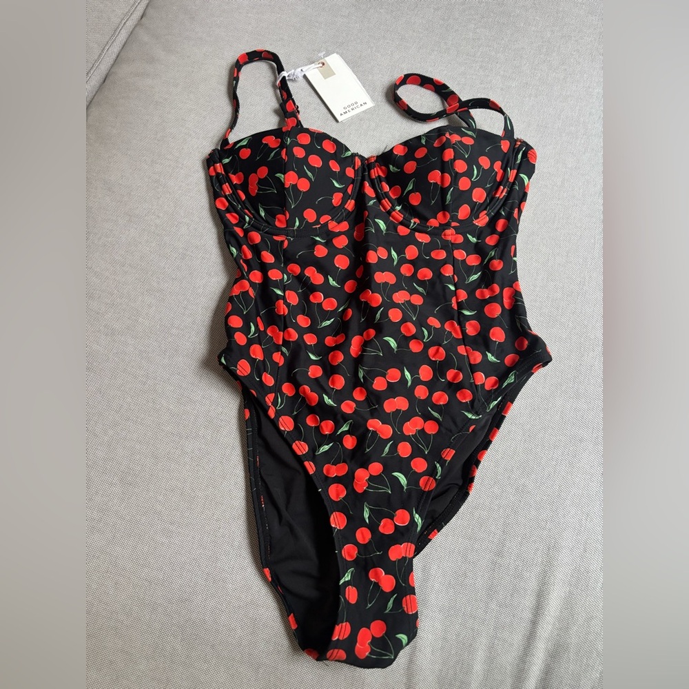 Good American Black Swimsuit with Red Cherry Print